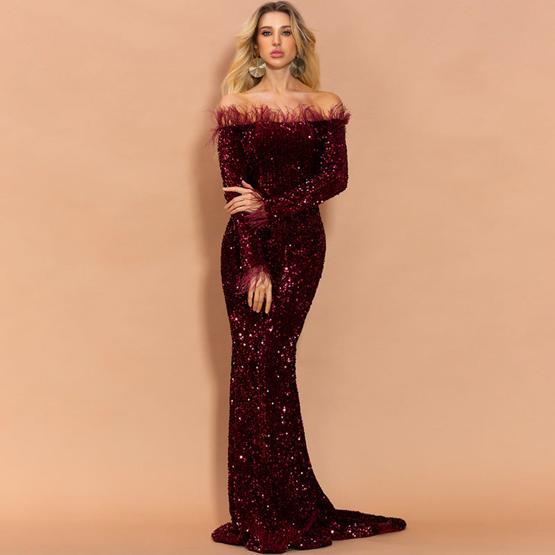 Off-Shoulder Feather Trim Sequin Gown Wine Red