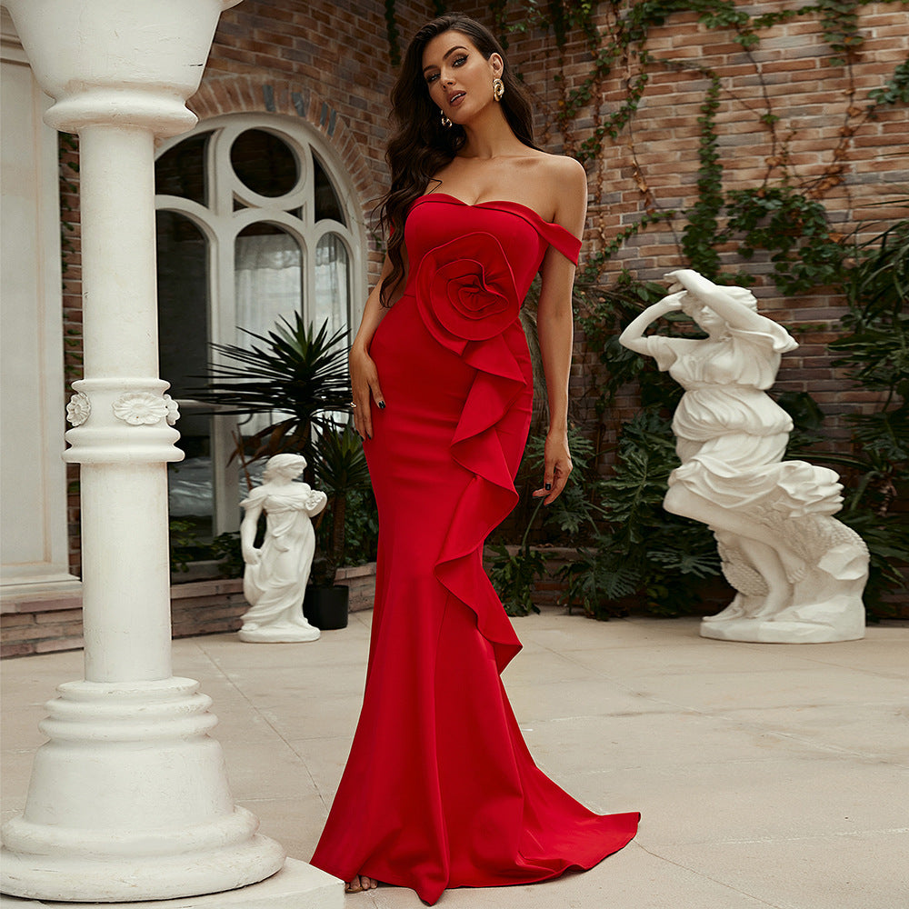 Off-Shoulder Mermaid Gown With Rose Detail And Cascading Ruffles Red