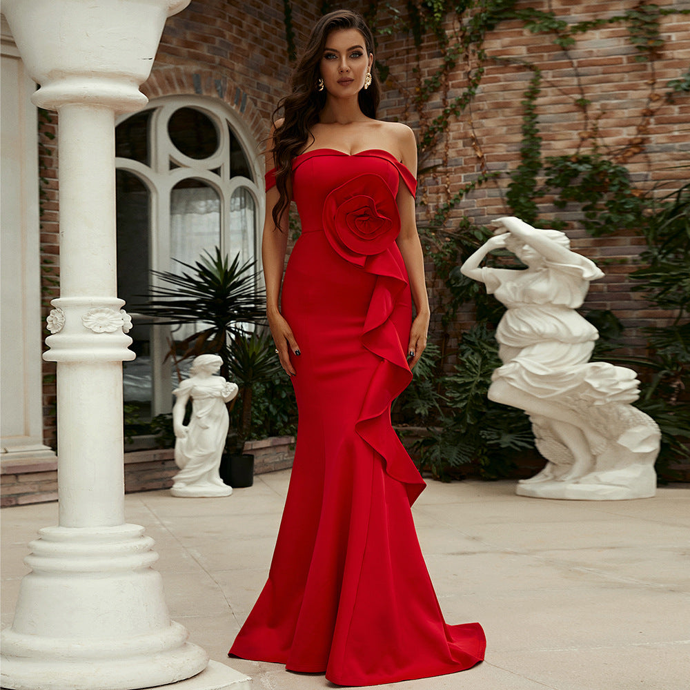 Off-Shoulder Mermaid Gown With Rose Detail And Cascading Ruffles Red
