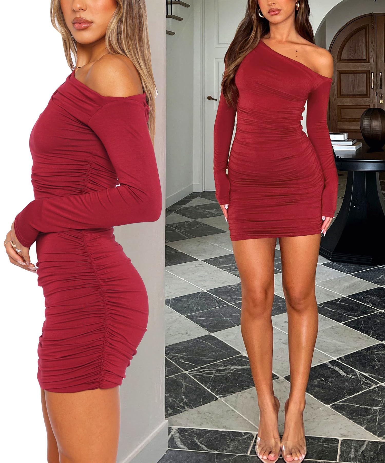One-Shoulder Ruched Bodycon Mini Dress Red