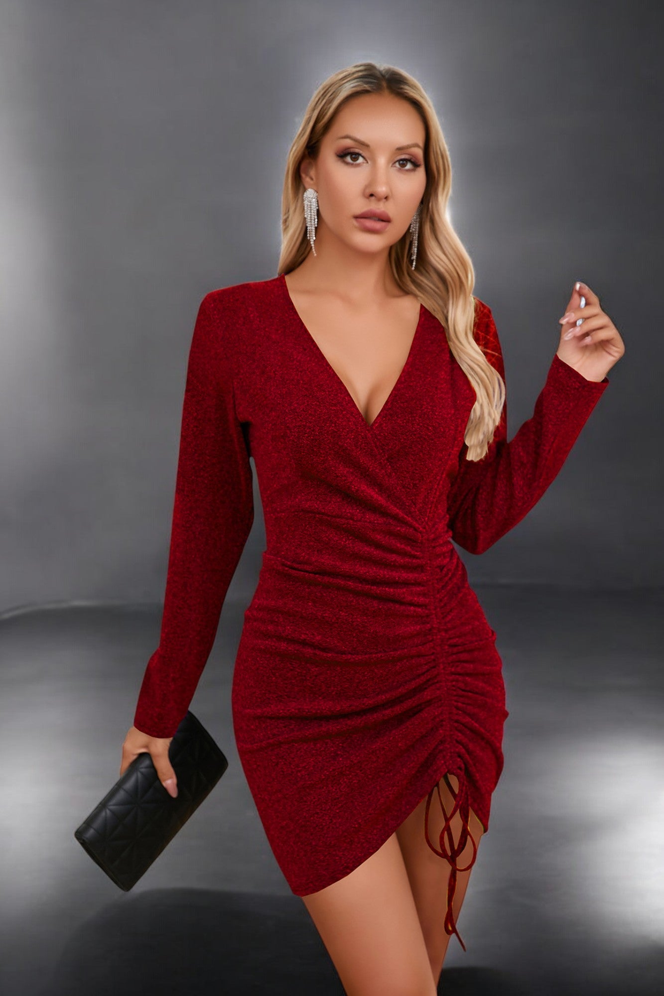 Red Deep V Neck Ruched Long Sleeve Mini Dress