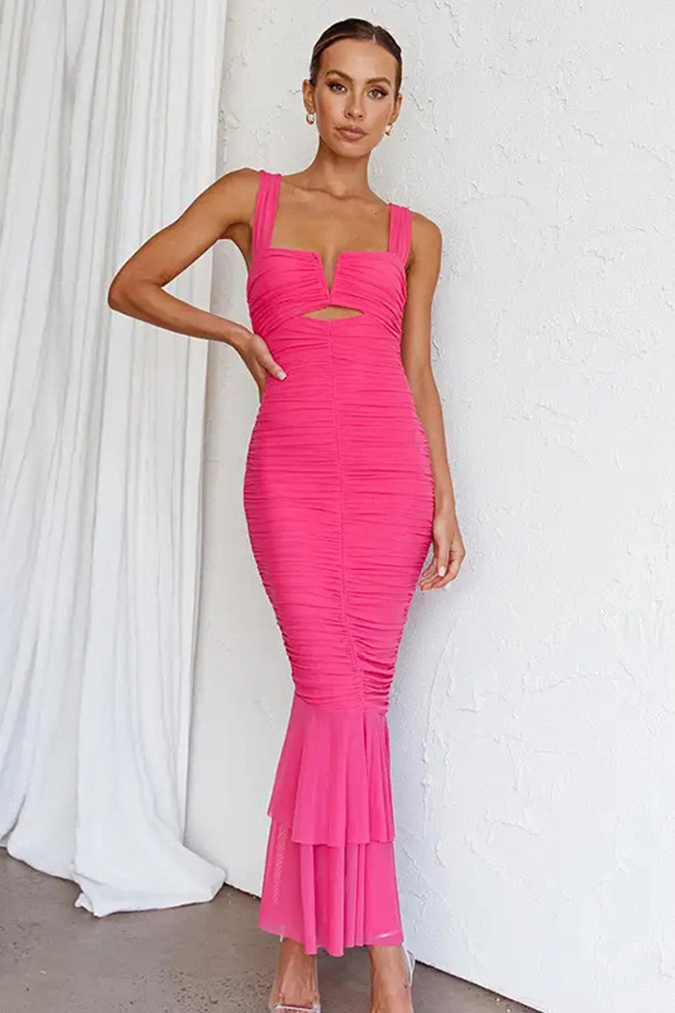 Ruched Mermaid Maxi Dress with Ruffle Hem Pink
