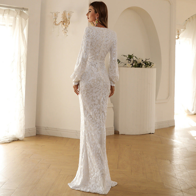 Sequin Wrap Gown with V-Neck and High Slit White