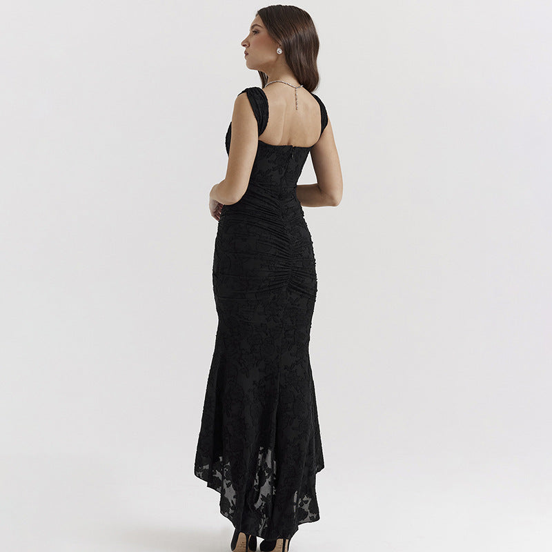 Sleeveless Lace Gown with Ruched Waist and Asymmetrical Hem Black
