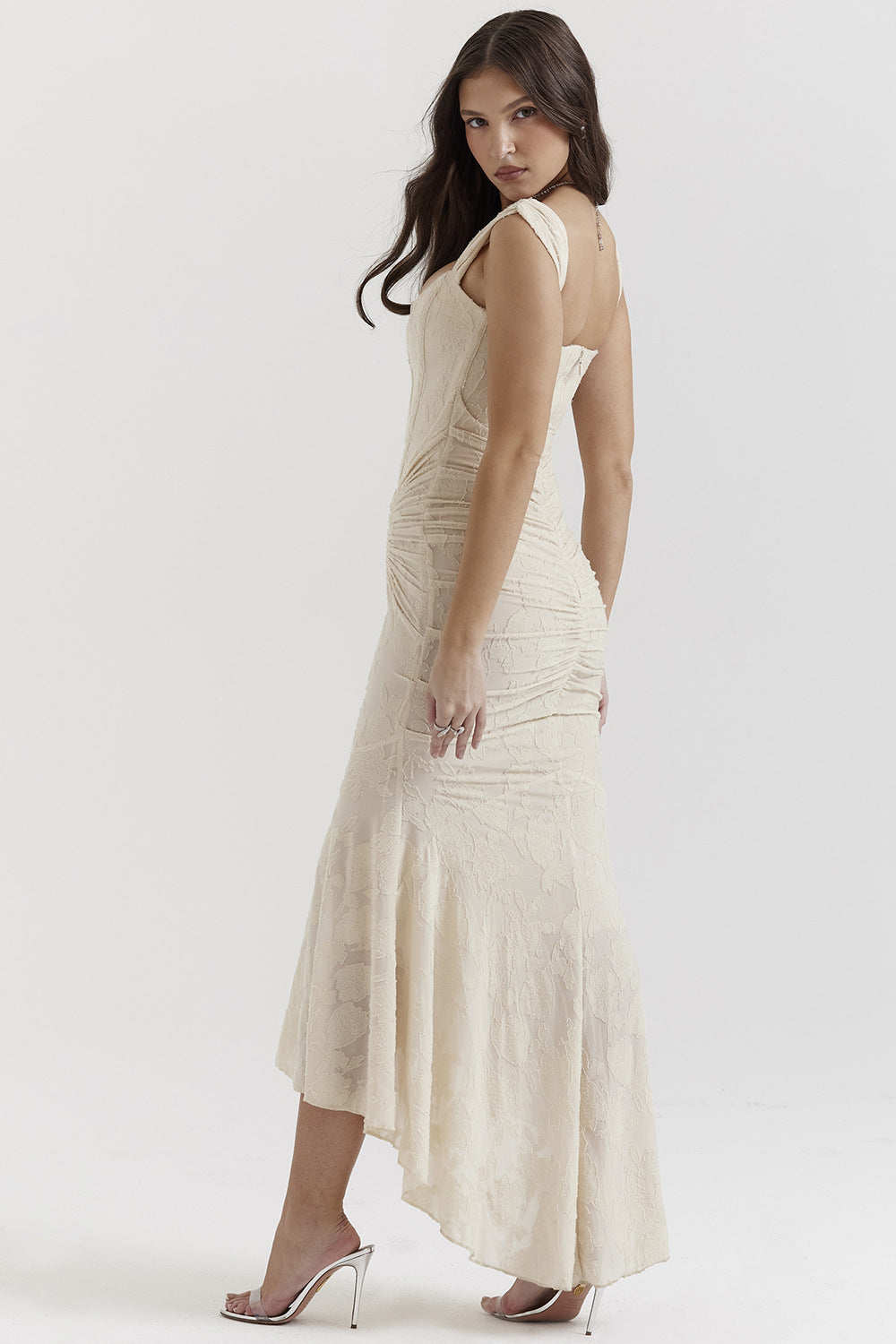 Sleeveless Lace Gown with Ruched Waist and Asymmetrical Hem Off-White
