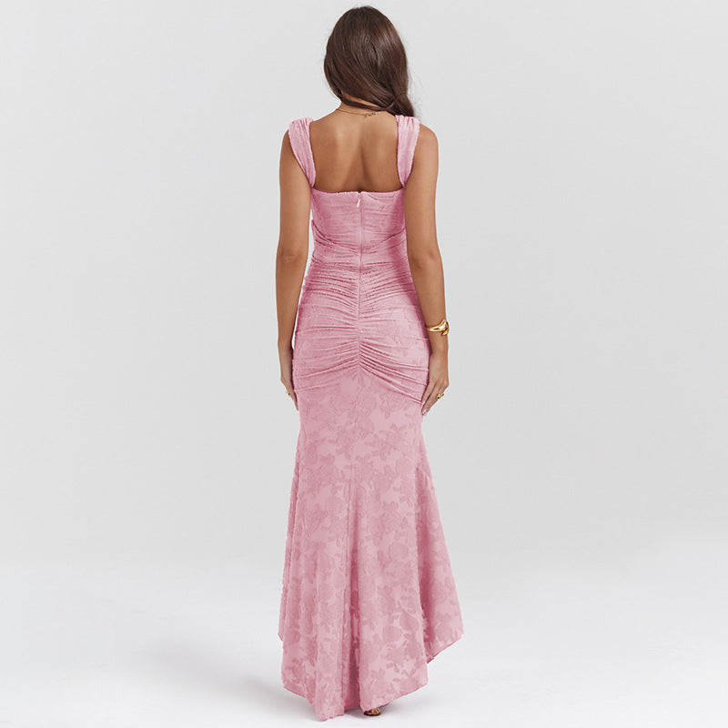 Sleeveless Lace Gown with Ruched Waist and Asymmetrical Hem Pink