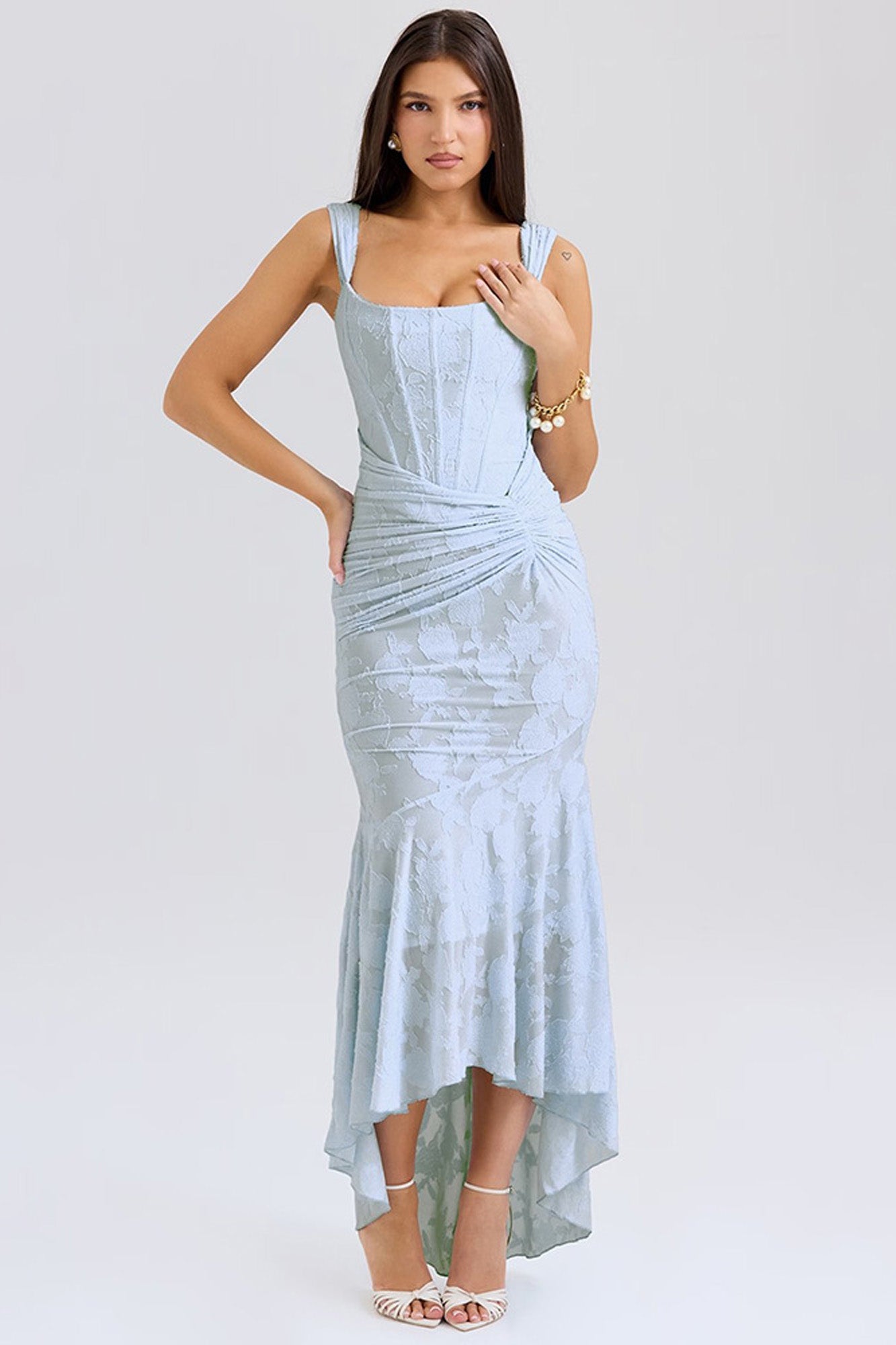 Sleeveless Lace Gown with Ruched Waist and Asymmetrical Lake Blue