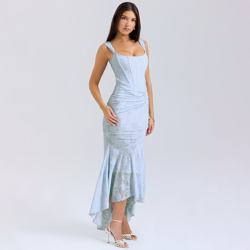 Sleeveless Lace Gown with Ruched Waist and Asymmetrical Lake Blue