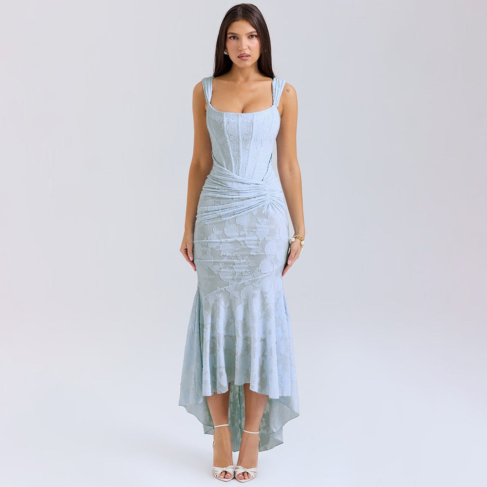 Sleeveless Lace Gown with Ruched Waist and Asymmetrical Lake Blue