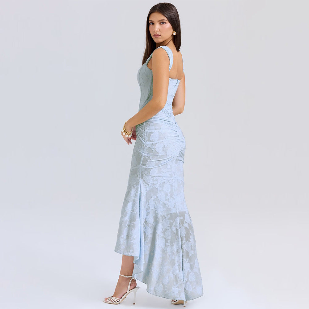 Sleeveless Lace Gown with Ruched Waist and Asymmetrical Lake Blue