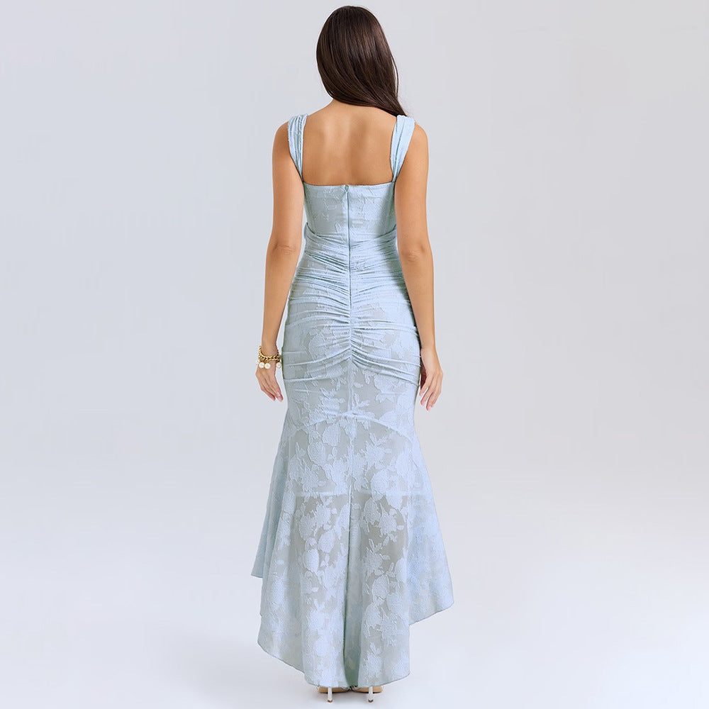 Sleeveless Lace Gown with Ruched Waist and Asymmetrical Lake Blue