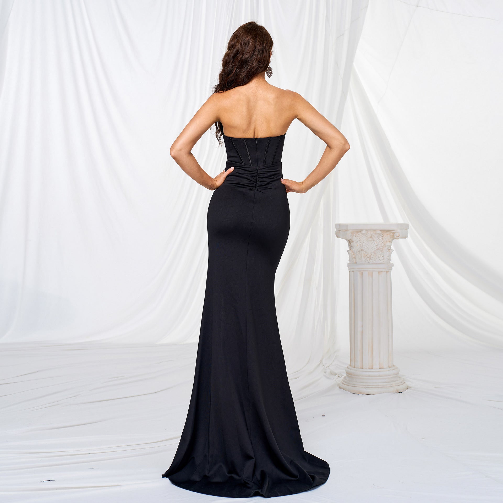 Strapless High-Slit Evening Gown With Ruched Bodice Black