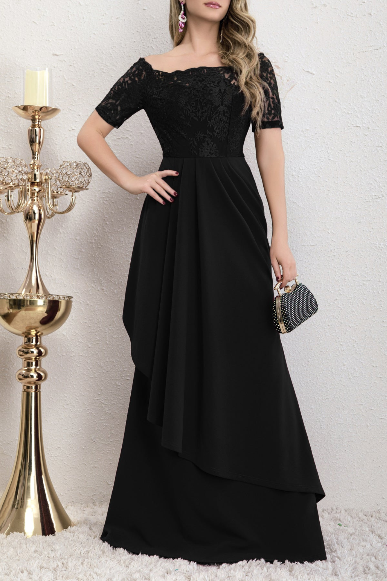 Front view of the Yedda black short sleeve embroidered lace spliced A-line dress, showcasing the elegant lace detailing and pleated skirt.