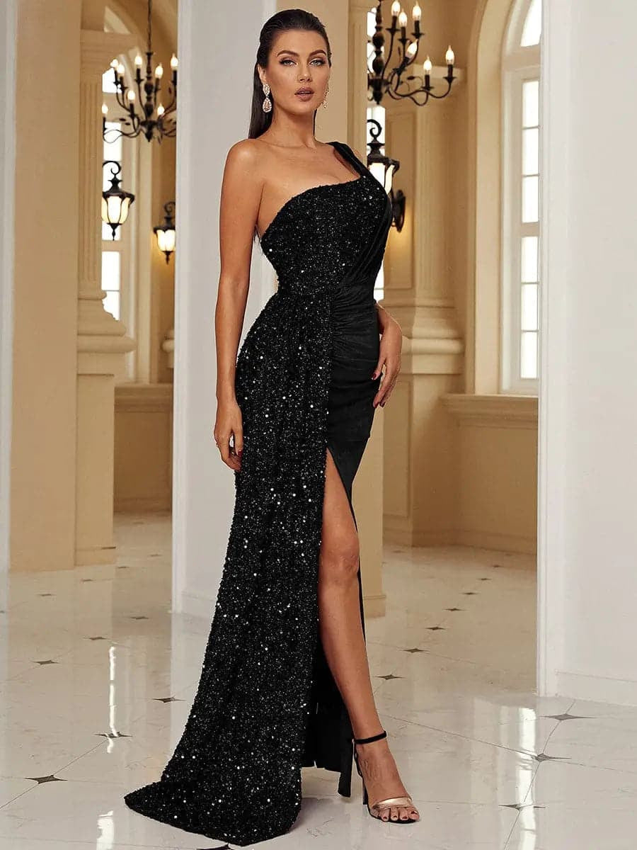 Side view of the Black Sleeveless One Shoulder Irregular Sequins Mermaid Dress highlighting the figure-hugging mermaid fit and elegant sequins detailing.