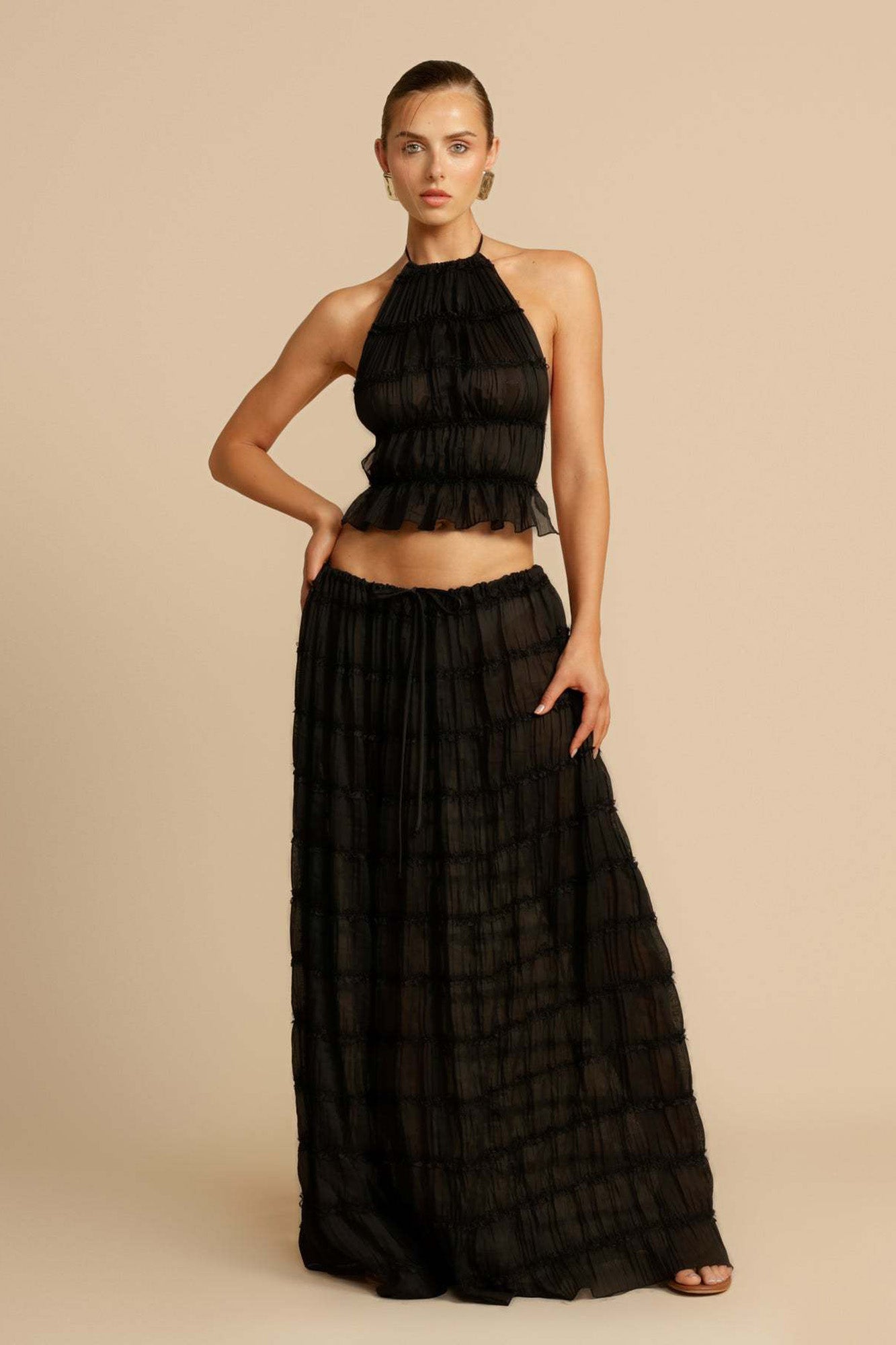 Front view of the Black Chiffon Backless Lace-up Pleated Maxi Dress, showcasing the elegant pleated design and hanging neck style.