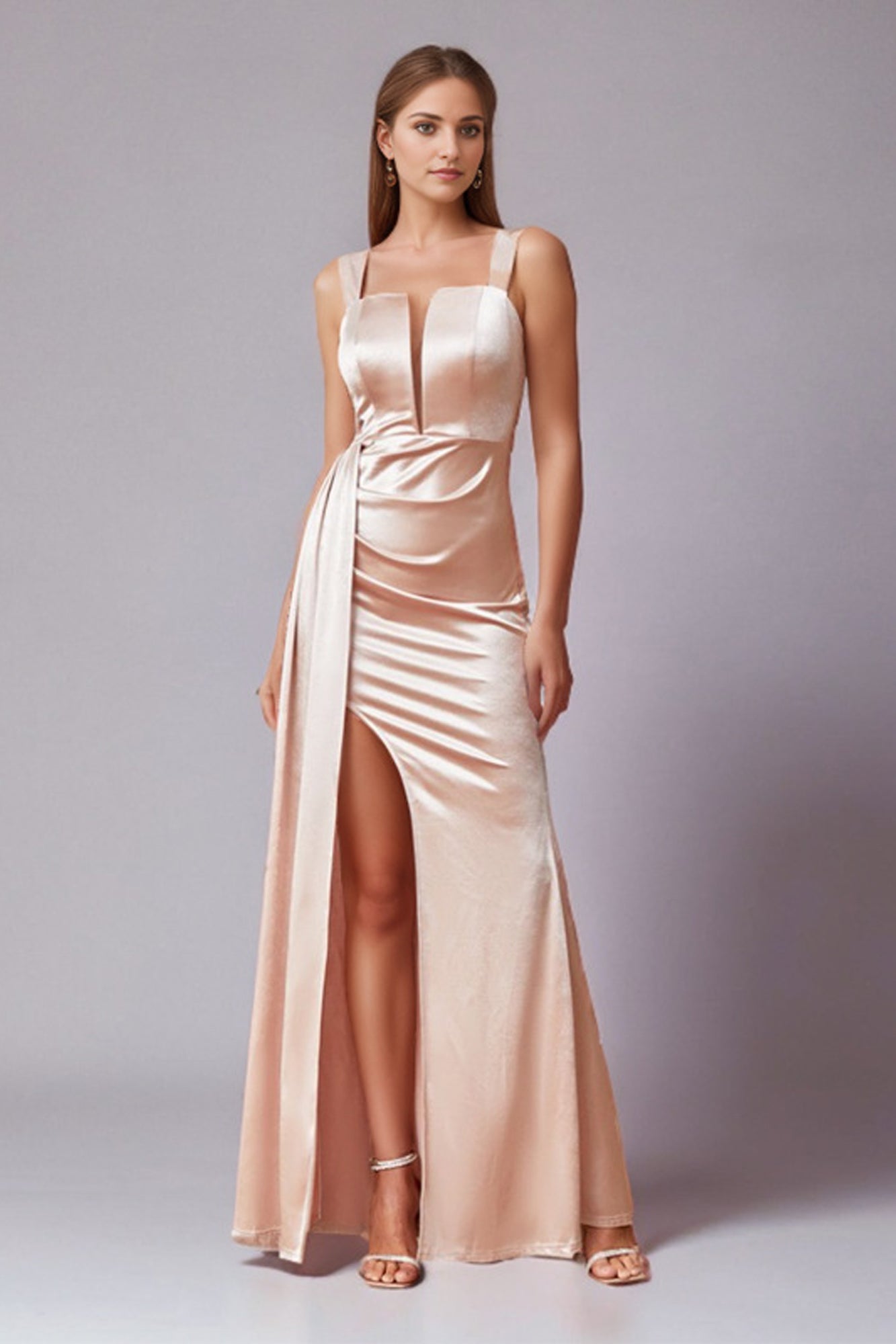 Elegant champagne v-neck sleeveless maxi dress with high waist, showcasing the front silhouette and flattering design for formal occasions.