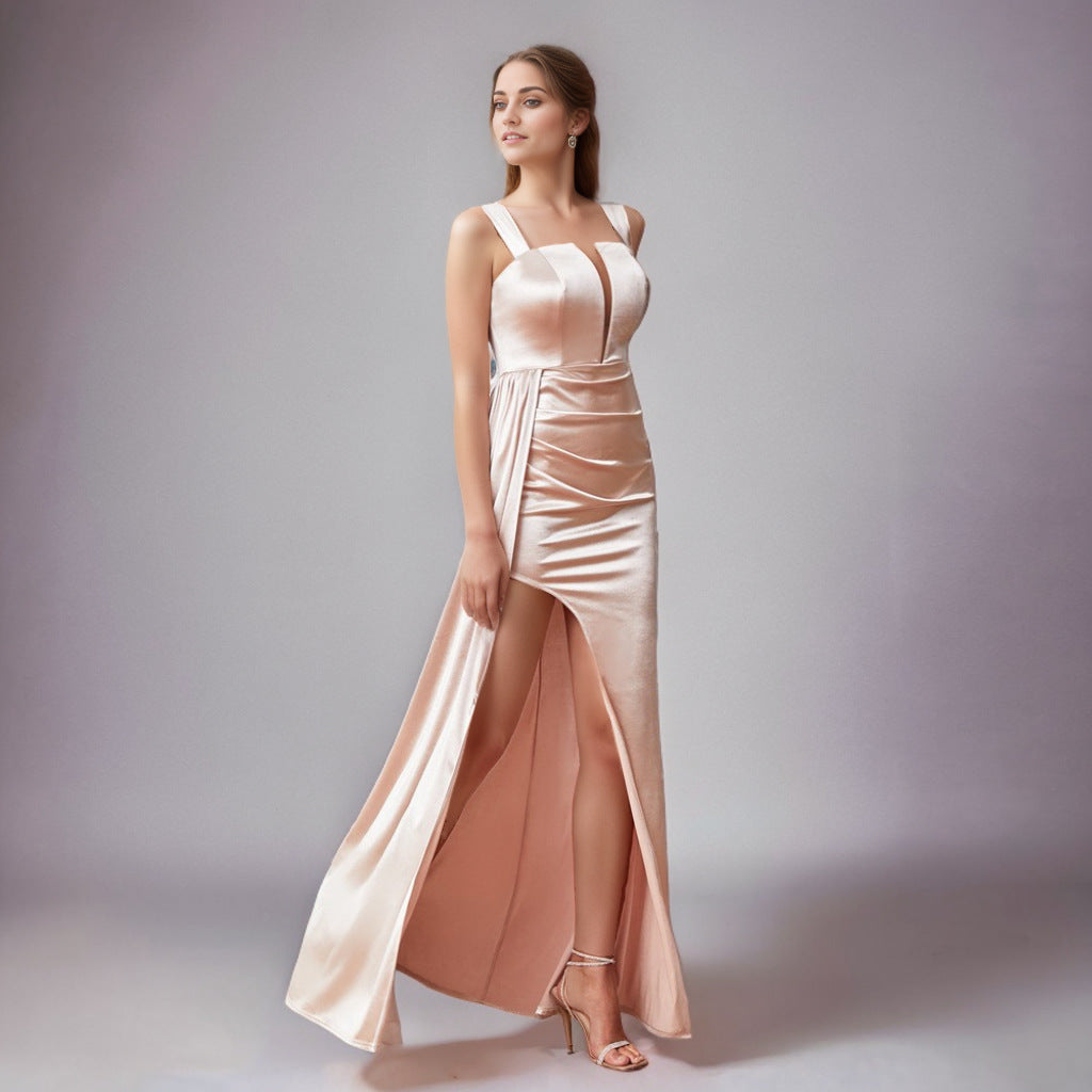 Side view of the champagne v-neck sleeveless maxi dress highlighting the sleek, modern lines and high slit detail.