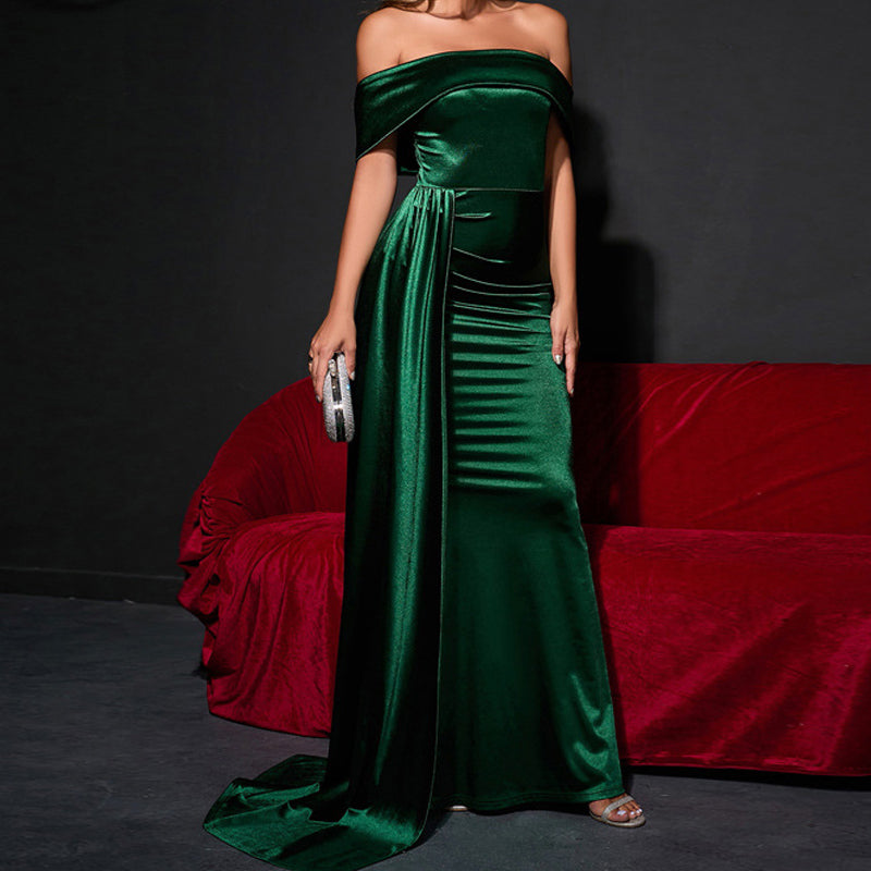 Close-up detail view of the Green Satin Evening Dress featuring the waist ribbon splicing and smooth satin texture.