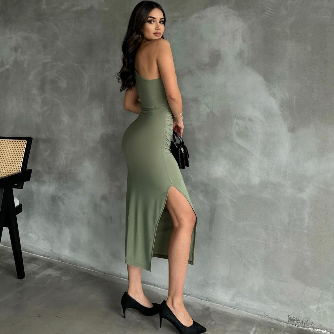 Back view of the Light Green Sleeveless One Shoulder Slit Stretch Midi Dress, showing off the backless design and smooth, sleek lines.