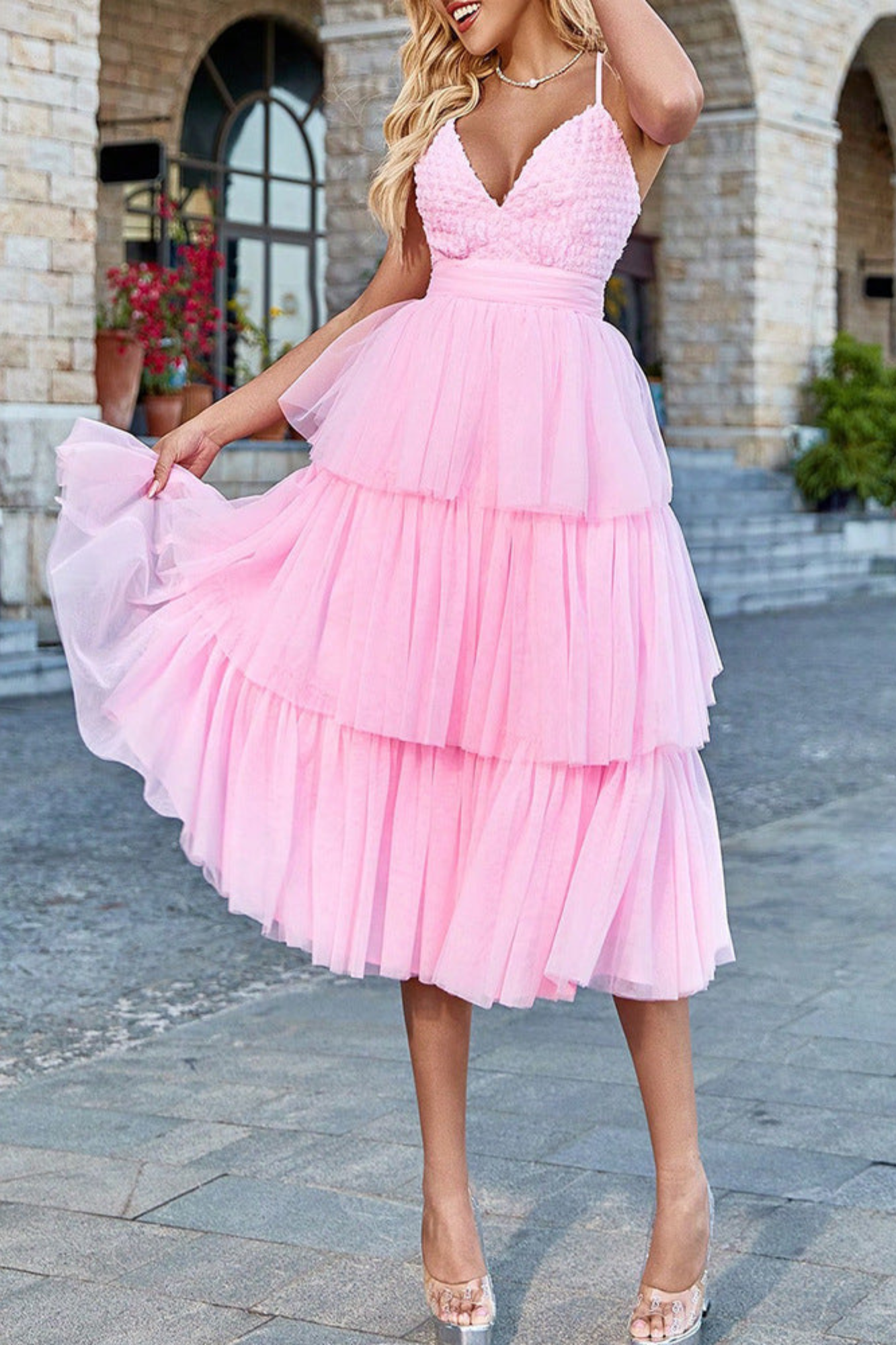 Close-up detail of the Pink Mesh Spliced Suspender Tutu Dress showing the intricate mesh splicing and soft layered fabric.