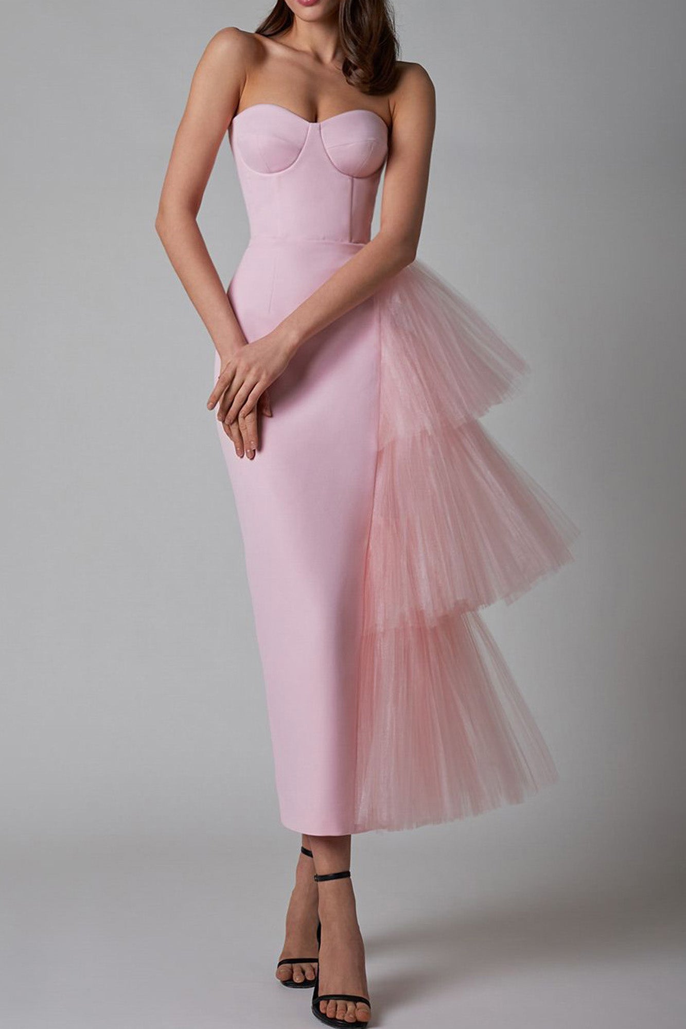 Front view of the pink sleeveless pleated mesh splicing stretch maxi dress, showcasing the elegant design and flattering fit.