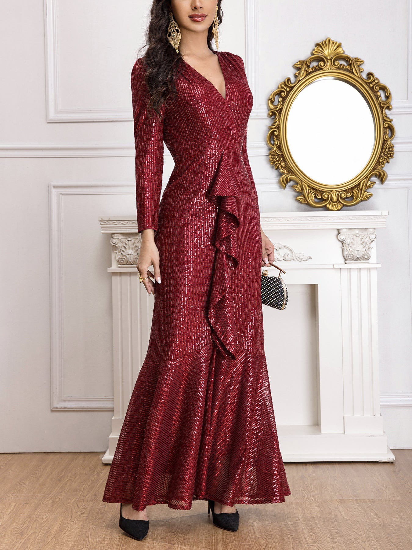 Close-up detail of the Red Long Sleeve Deep V-Neck Sequins Evening Dress showing the intricate sequin finish and ruffle accents.