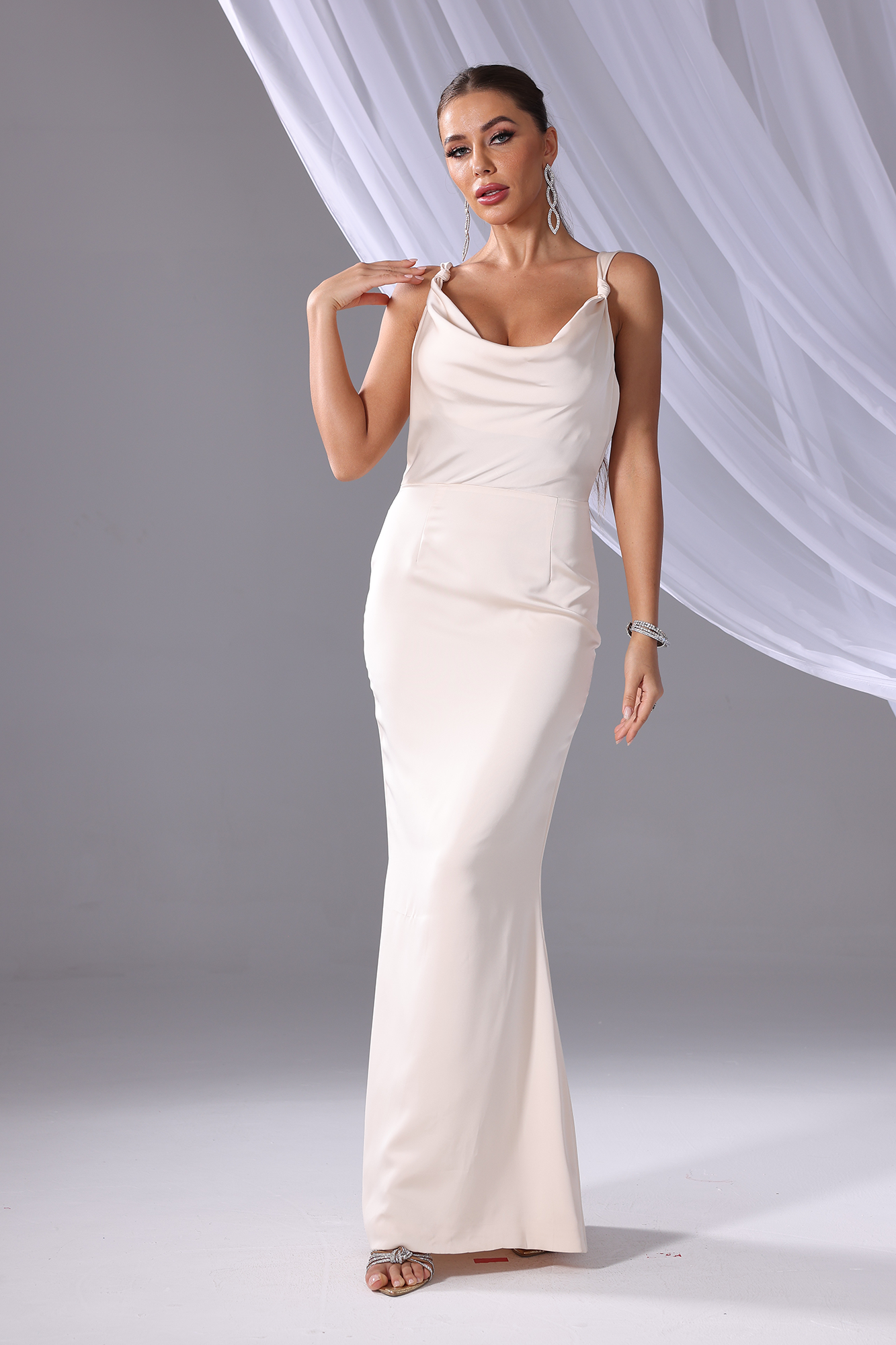 Elegant White Draped Neck Party Dress evening dress