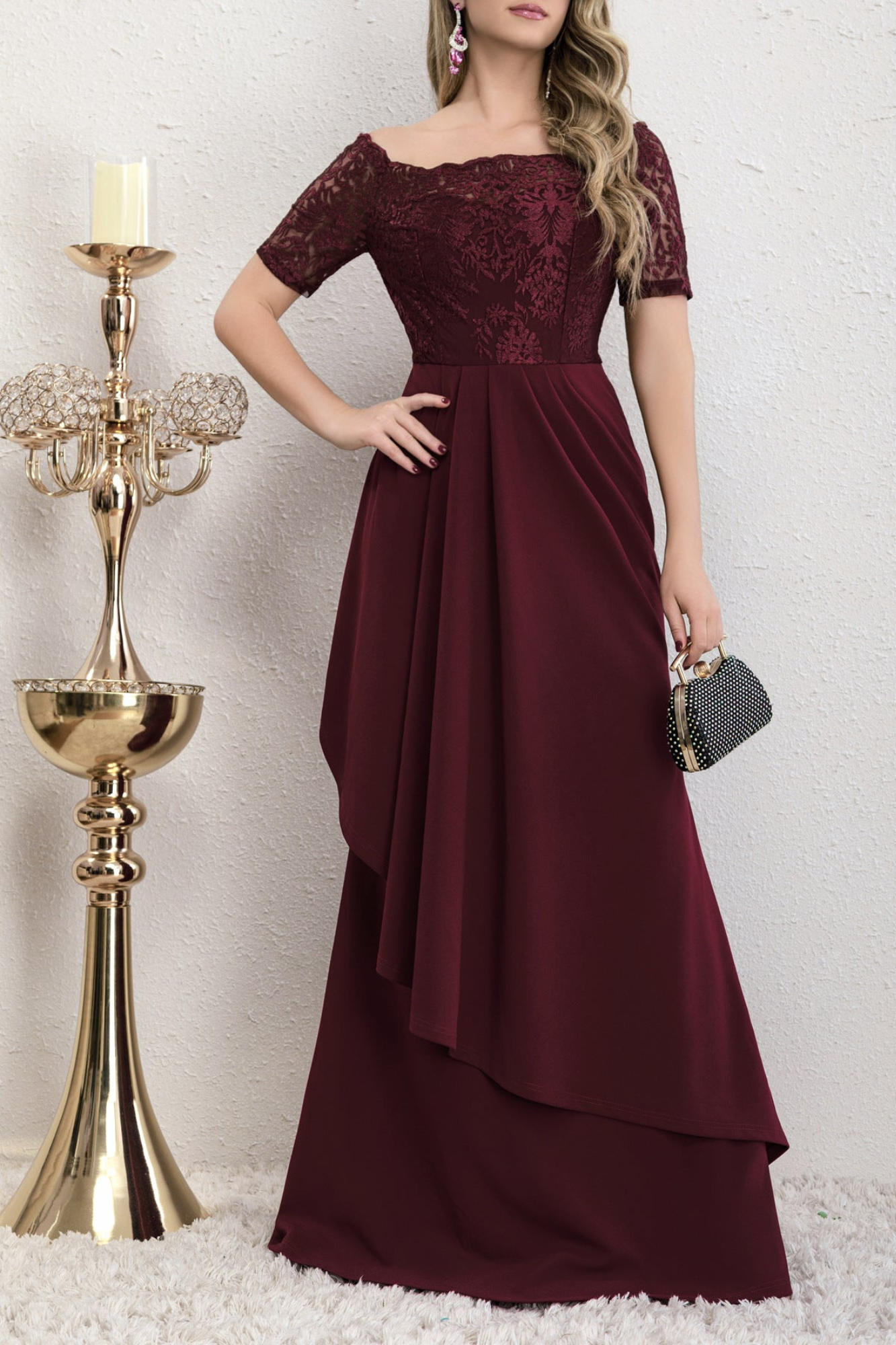 Front view of the Yedda wine red short sleeve embroidered lace spliced A-line dress, showcasing the elegant lace detailing and pleated skirt.