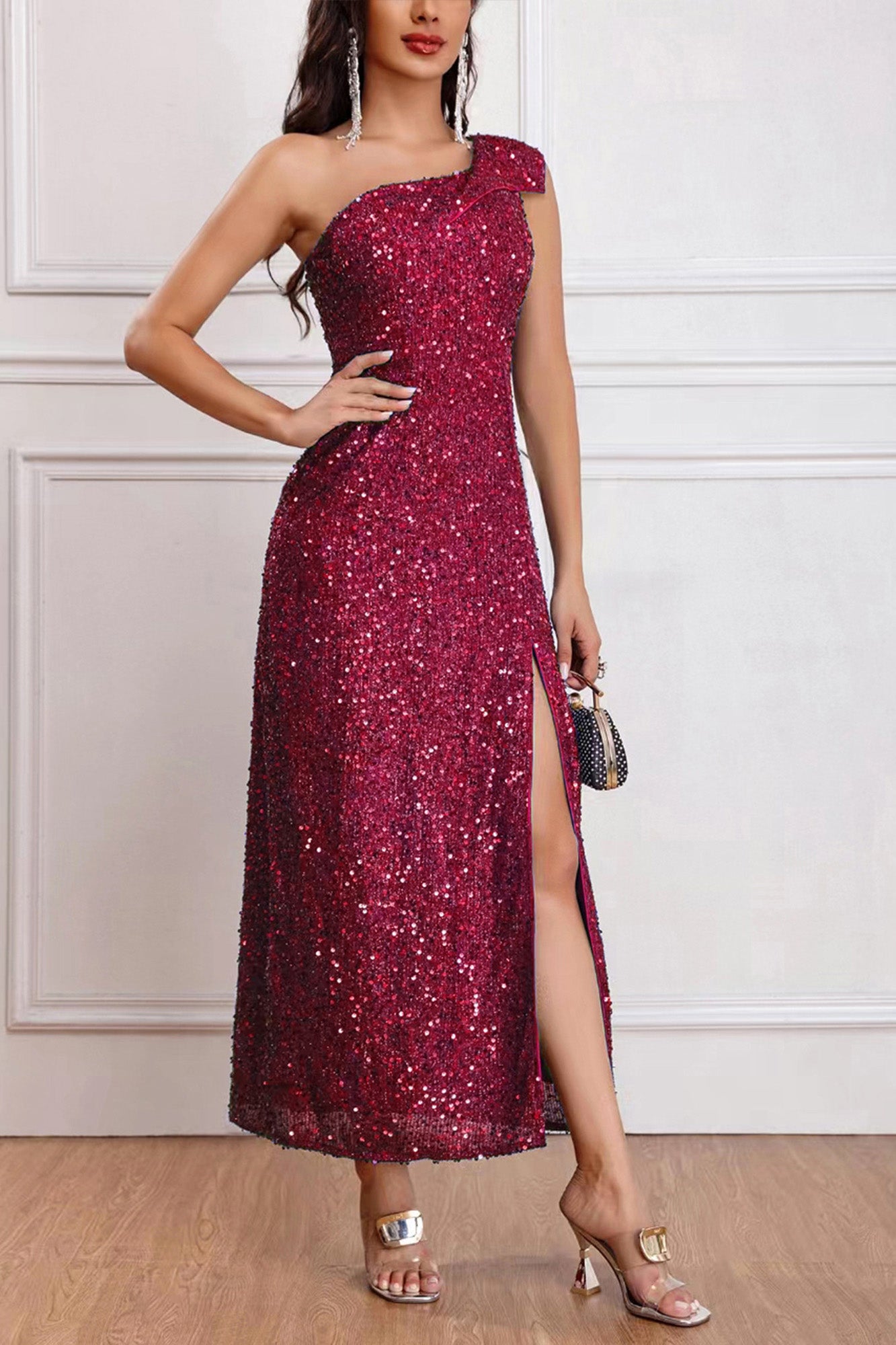 Front view of the Wine Red Sleeveless One-Shoulder High Slit Sequins Maxi Dress, showcasing its elegant design and shimmering sequins.