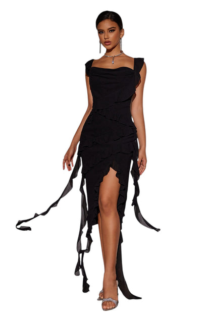Black Asymmetrical Ruffle Dress - Sexy Corset Back