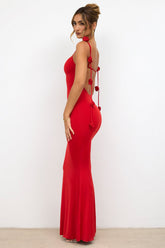 Backless Formal Floral Strap Maxi Dress Red