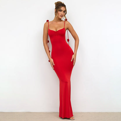 Backless Formal Floral Strap Maxi Dress Red