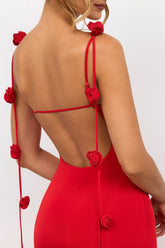 Backless Formal Floral Strap Maxi Dress Red