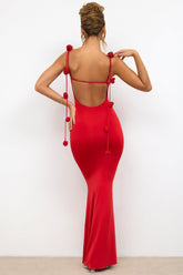 Backless Formal Floral Strap Maxi Dress Red