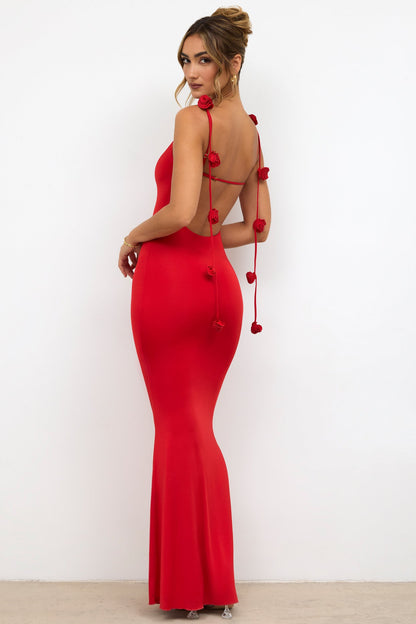 Backless Formal Floral Strap Maxi Dress Red