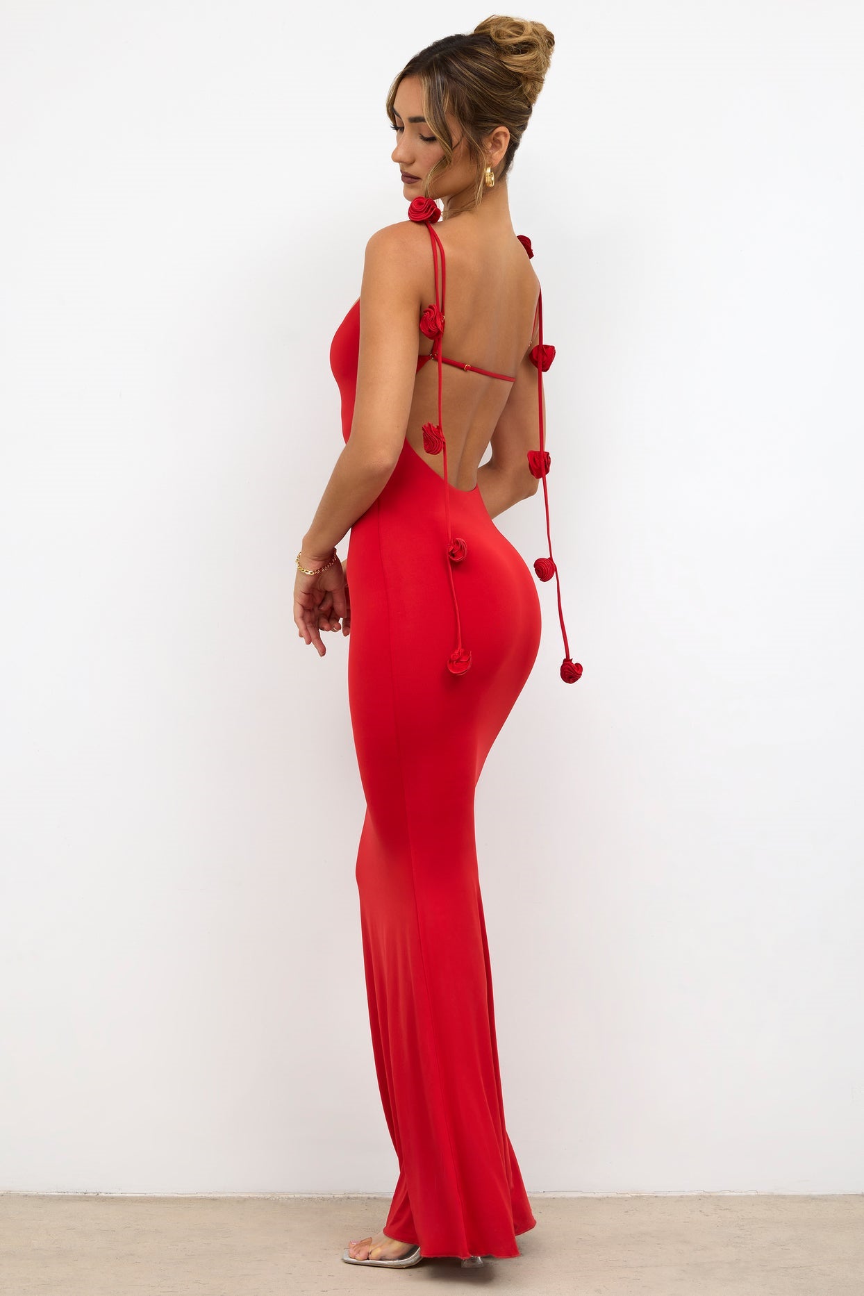 Backless Formal Floral Strap Maxi Dress Red