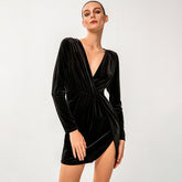 Black Deep V Neck Velvet Wrap Mini Dress