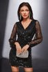 Black lantern sleeves V-neck Sequined mini dress