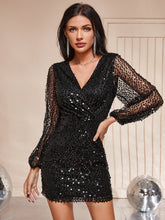 Black lantern sleeves V-neck Sequined mini dress