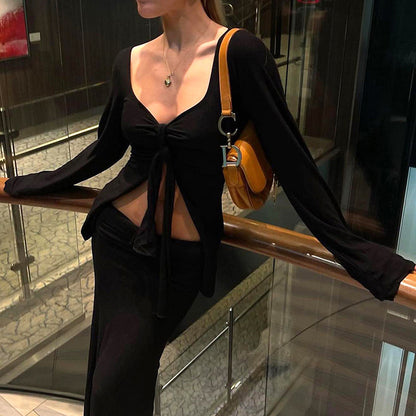 Bordeaux | Knotted Front Long Sleeve Top Black