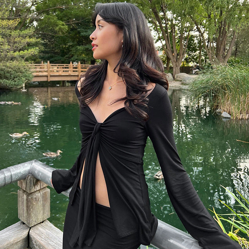 Bordeaux | Knotted Front Long Sleeve Top Black