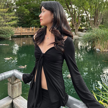 Bordeaux | Knotted Front Long Sleeve Top Black