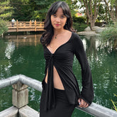 Bordeaux | Knotted Front Long Sleeve Top Black