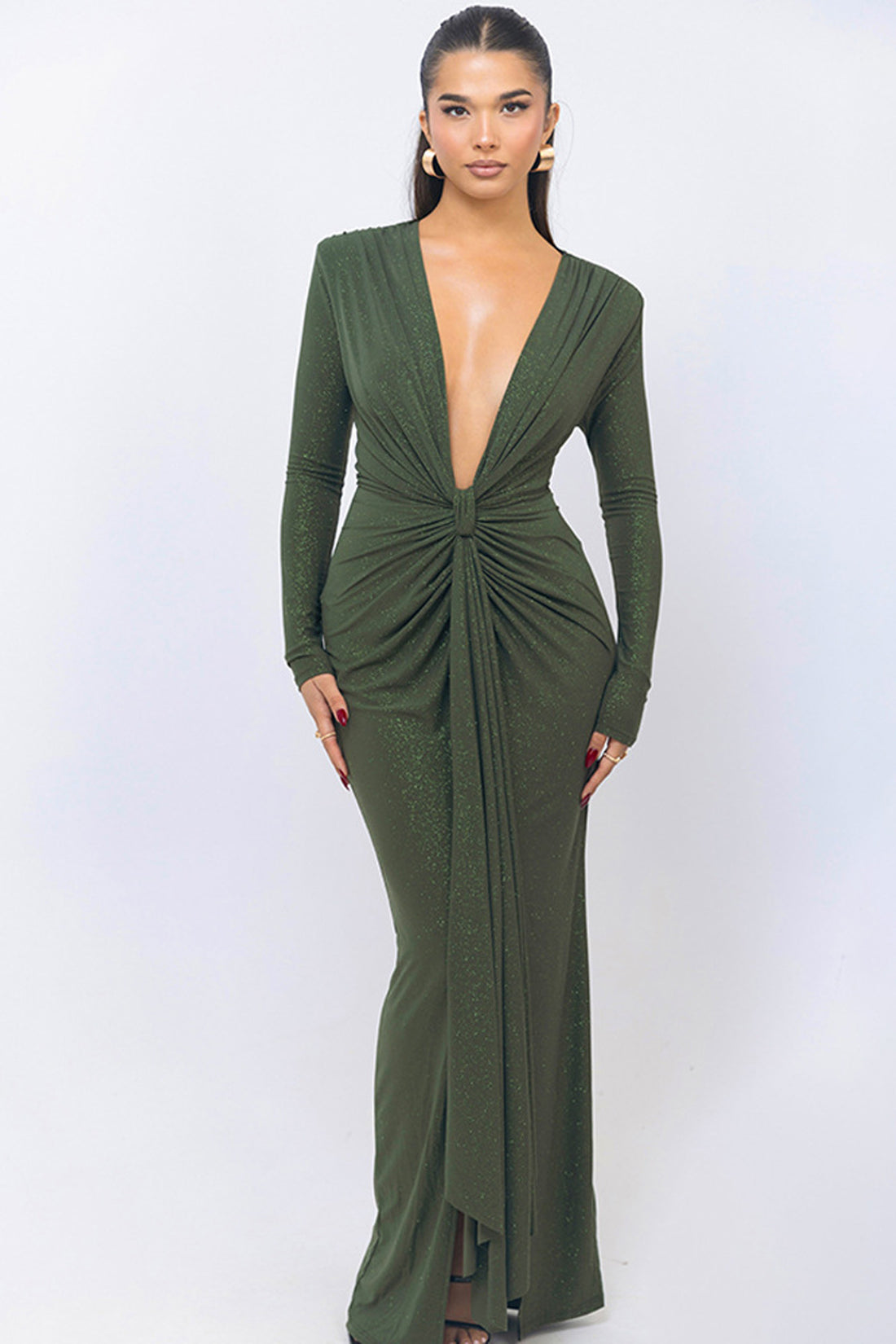 Drape Detail Long Sleeve Evening Gown with Plunging Neckline