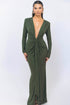 Drape Detail Long Sleeve Evening Gown with Plunging Neckline