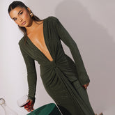 Drape Detail Long Sleeve Evening Gown with Plunging Neckline