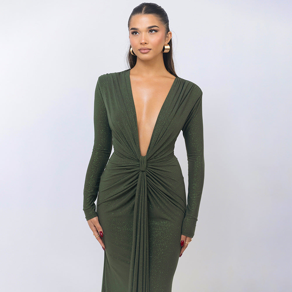 Drape Detail Long Sleeve Evening Gown with Plunging Neckline
