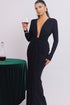 Drape Detail Long Sleeve Evening Gown with Plunging Neckline Black