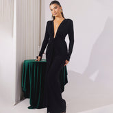 Drape Detail Long Sleeve Evening Gown with Plunging Neckline Black