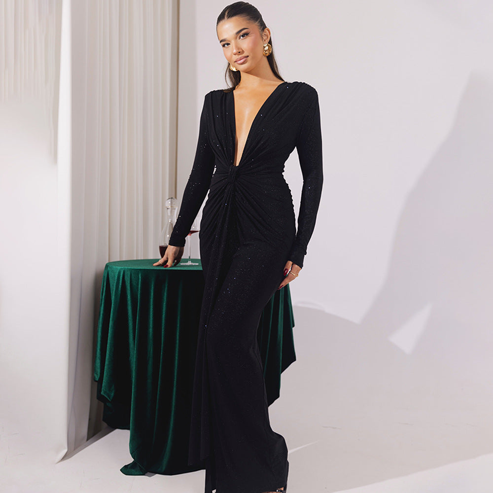 Drape Detail Long Sleeve Evening Gown with Plunging Neckline Black